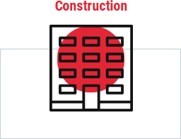 Red circle clipart image of multi-story building with word construction above and rectangle around