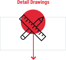 Red circle clipart of pencil and ruler outlined by rectangle and reads detail drawings