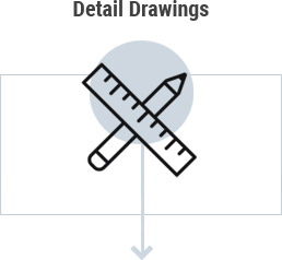 Grey circle clipart of pencil and ruler outlined by rectangle and reads detail drawings