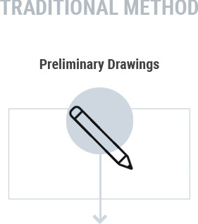 Grey circle clipart image of a construction pencil that reads ‘preliminary drawings